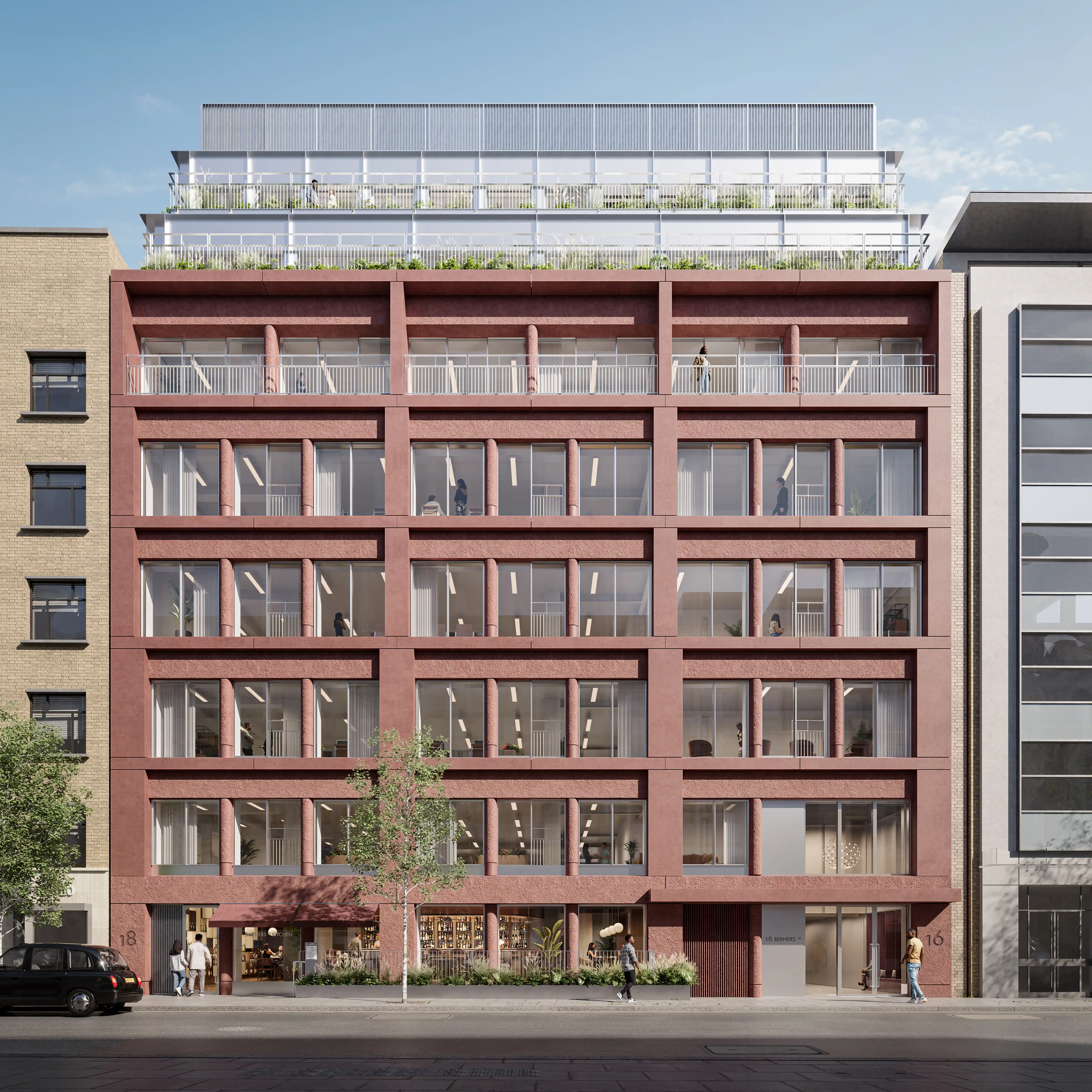16 Berners Street from street level, showing the retail space.